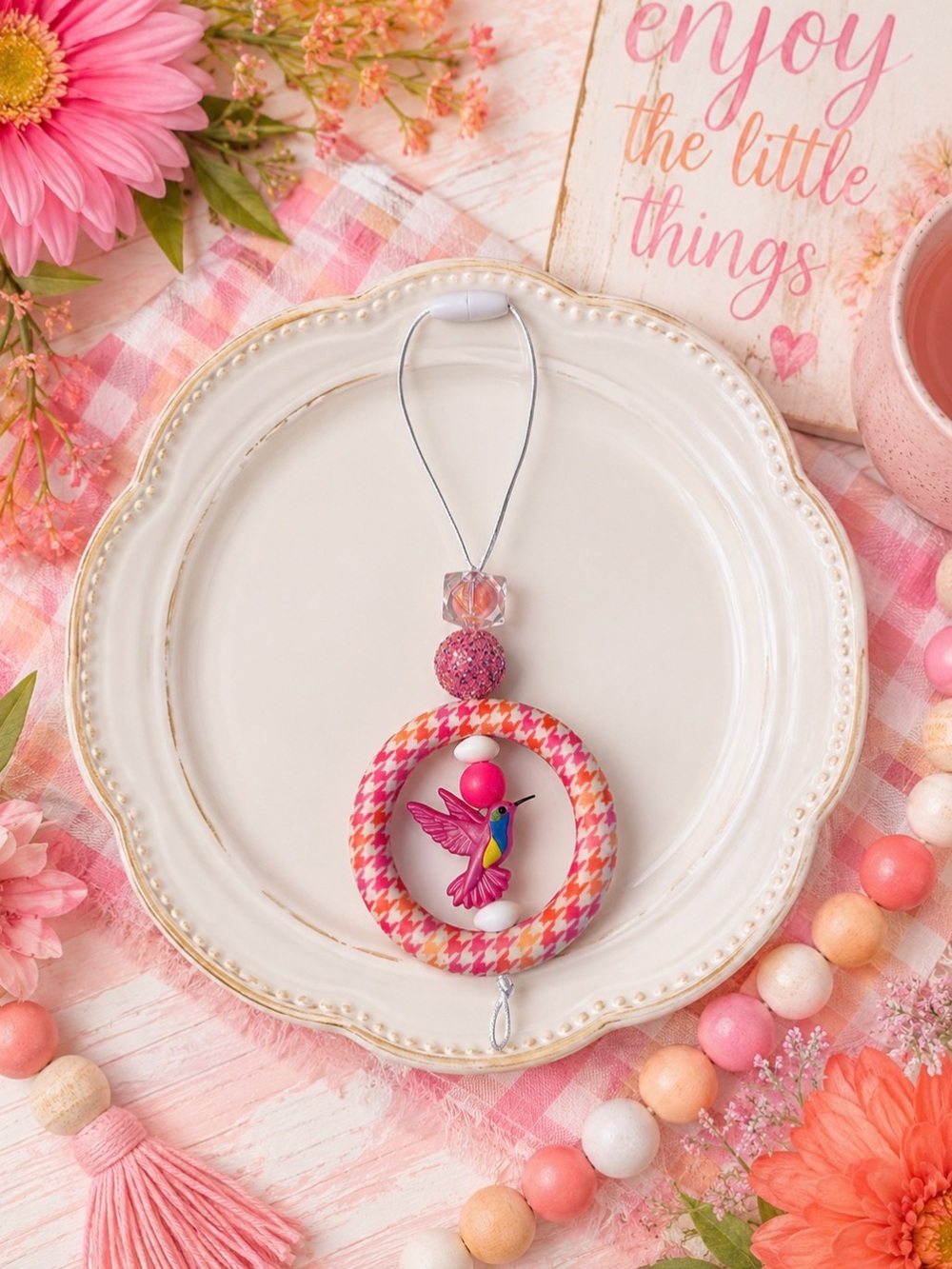 Hand Crafted Pink Hummingbird Car Charm